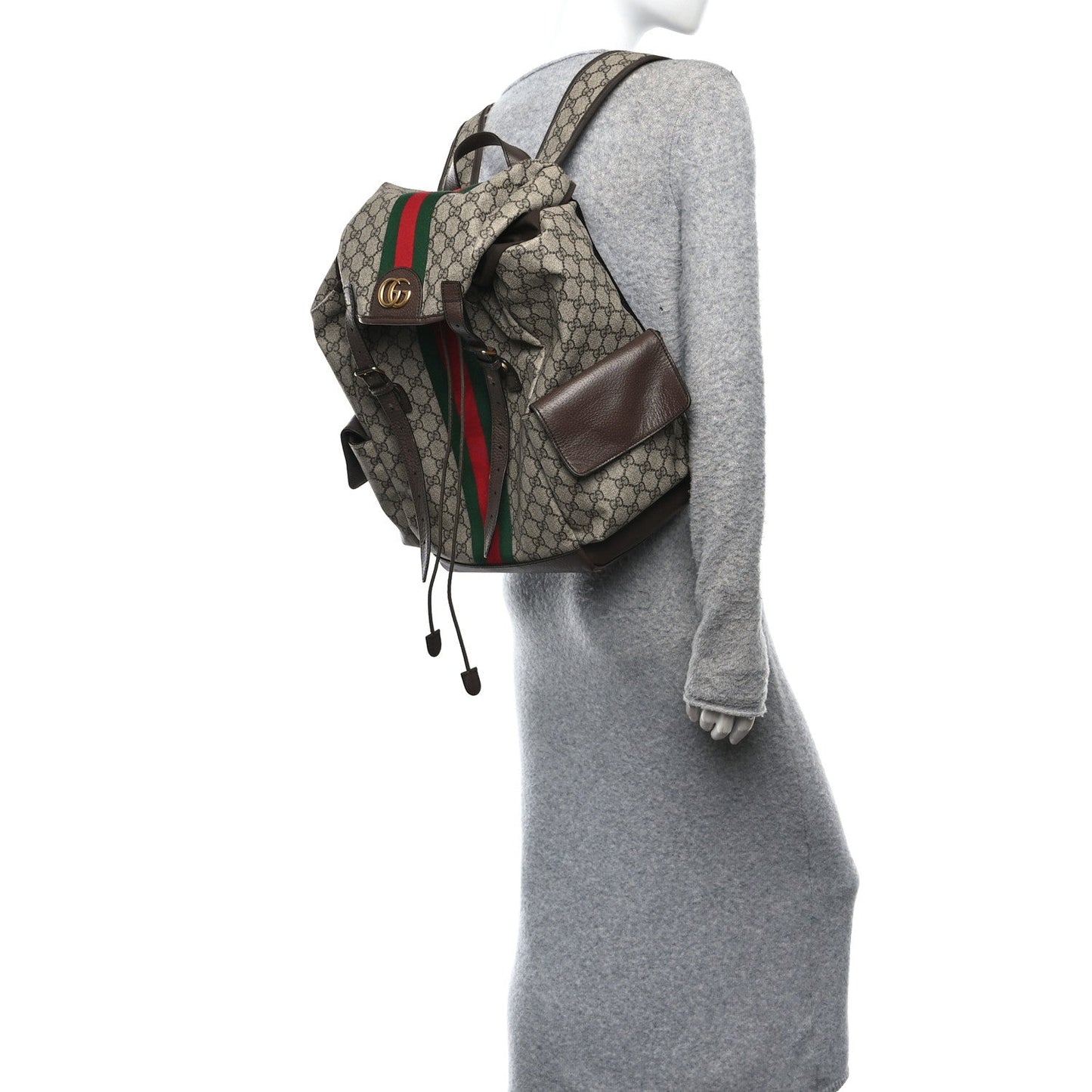 GG Supreme Monogram Medium Ophidia Double Buckle Backpack Brown