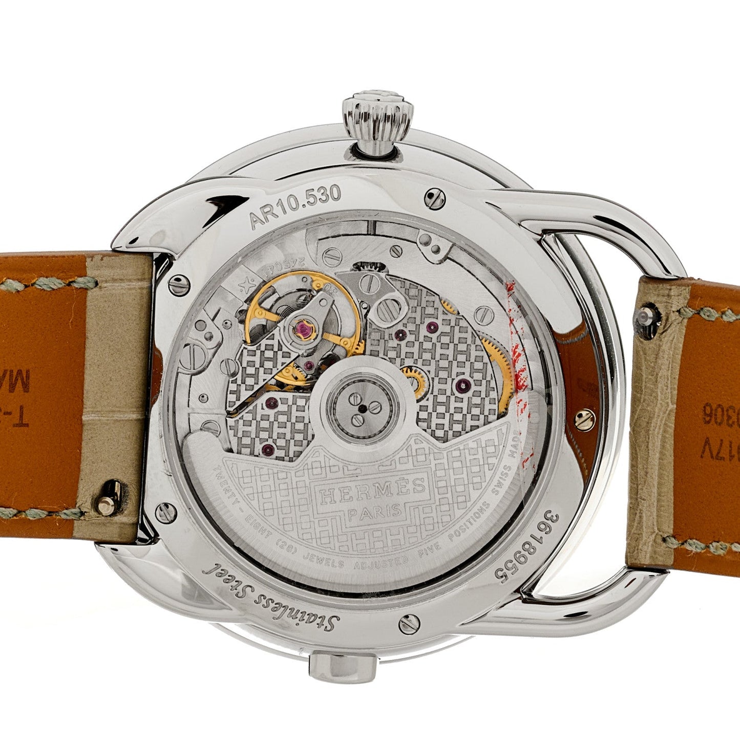 Stainless Steel Alligator Diamond Bezel Mother of Pearl 38mm Arceau Le Temps Voyageur Automatic Watch Gris Perle