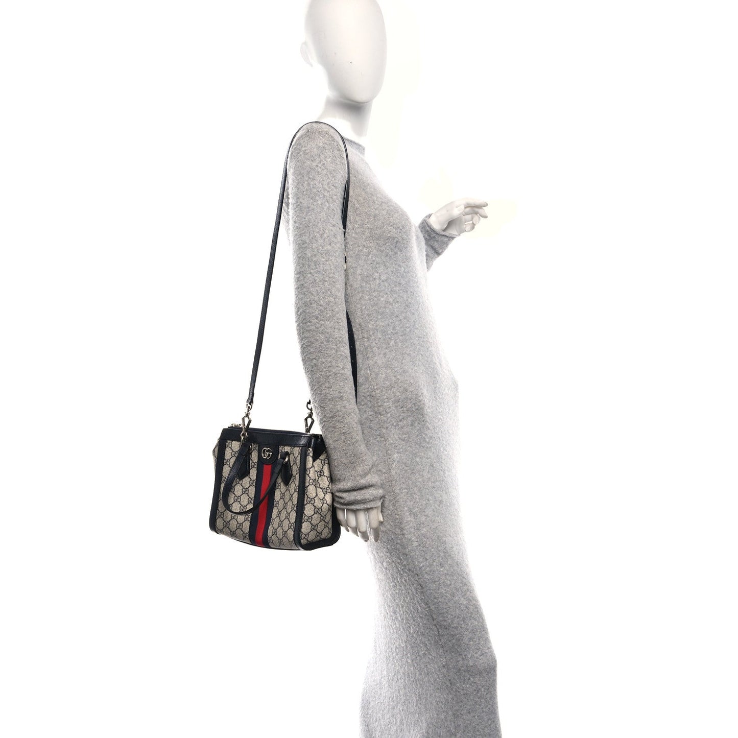 GG Supreme Monogram Textured Dollar Calfskin Web Small Ophidia Tote Bag Beige Blue
