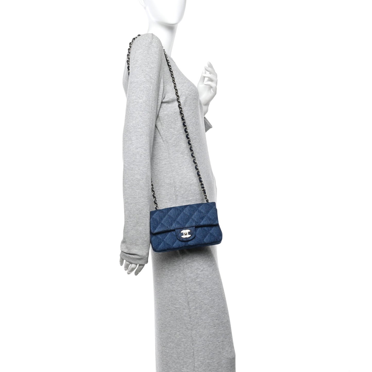 Printed Denim Quilted Mini Rectangular Flap Dark Blue