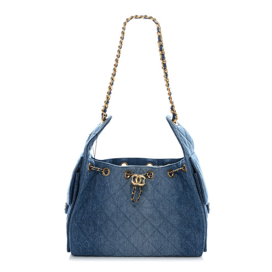Washed Denim Quilted Small Chanel 25 Handbag Blue