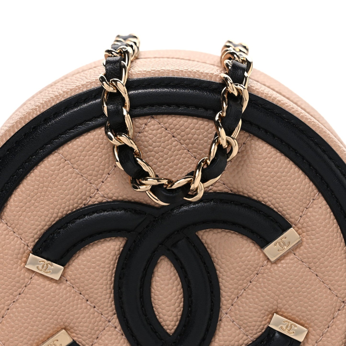Caviar Quilted Round Filigree Crossbody Beige Black