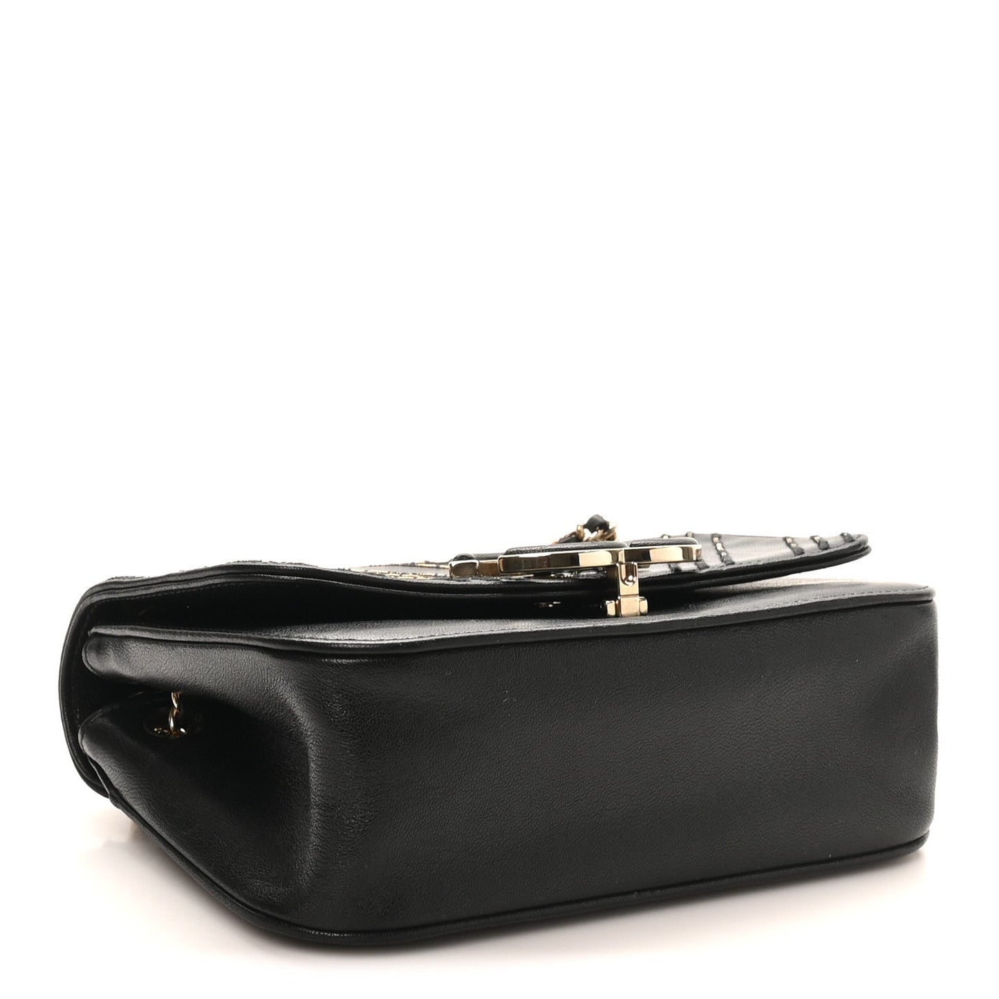 Calfskin Chevron Beaded Chain Mini Square Flap Black