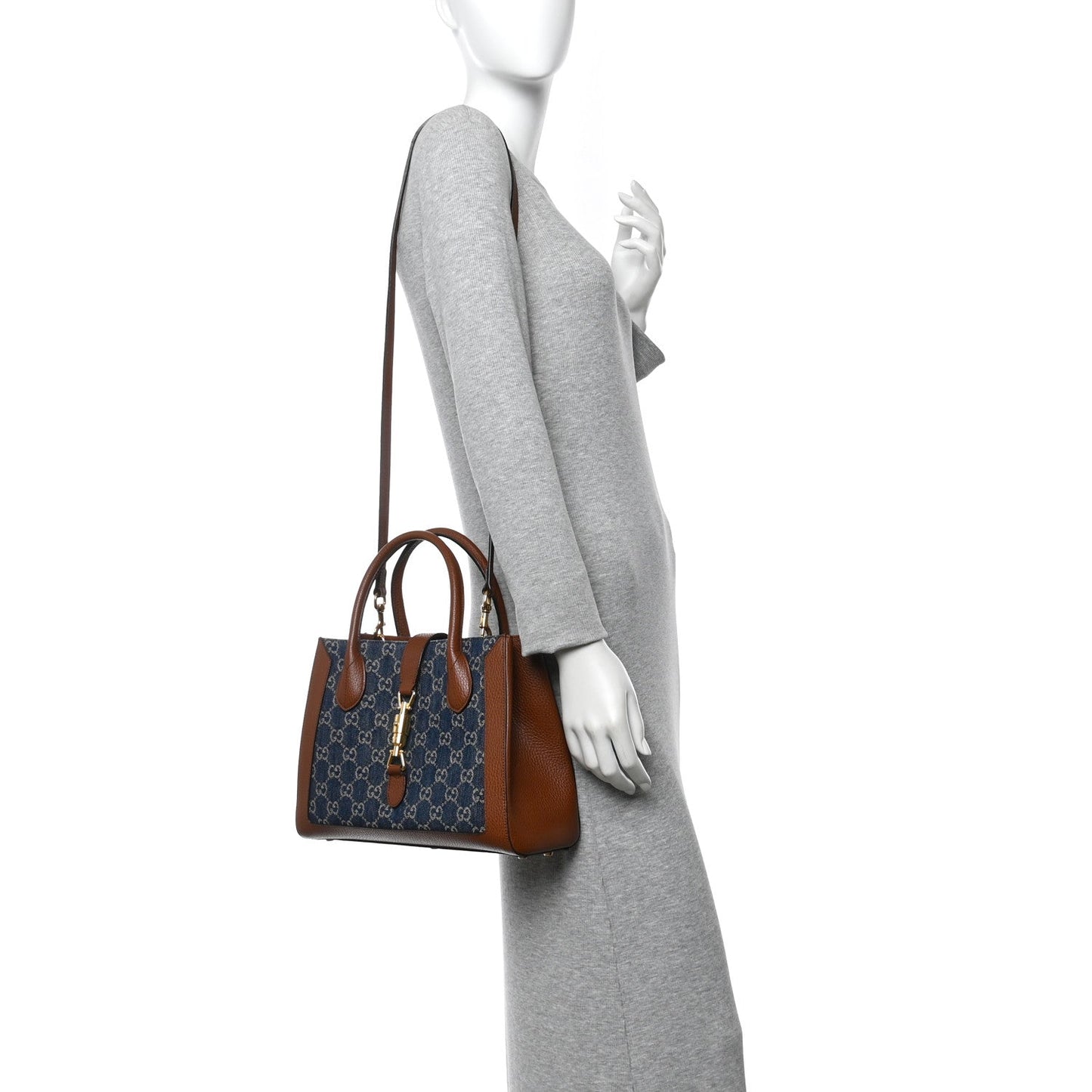 New Denim GG Monogram Dollar Calfskin Medium Jackie 1961 Tote Blue Tea Cuir Epilog