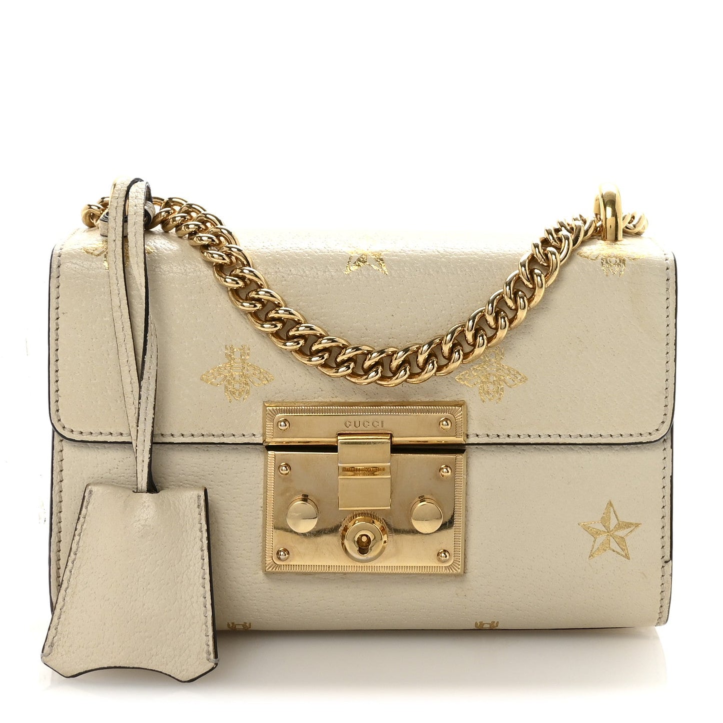Grained Calfskin Bee Star Small Padlock Shoulder Bag White