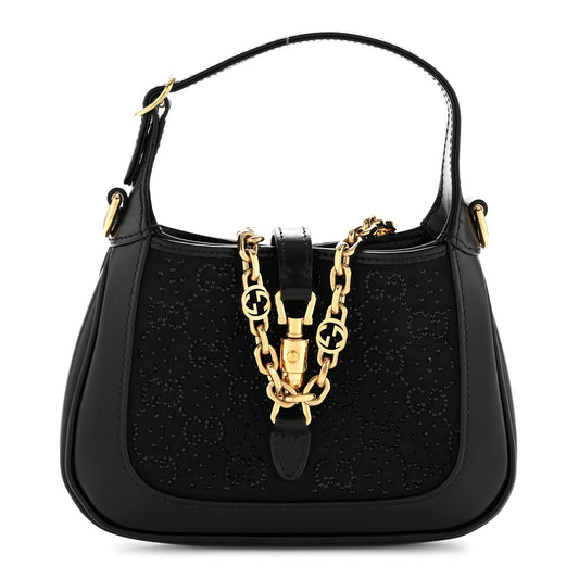 New Canvas Charisma Calfskin Crystal GG Monogram Mini Jackie 1961 Hobo Black