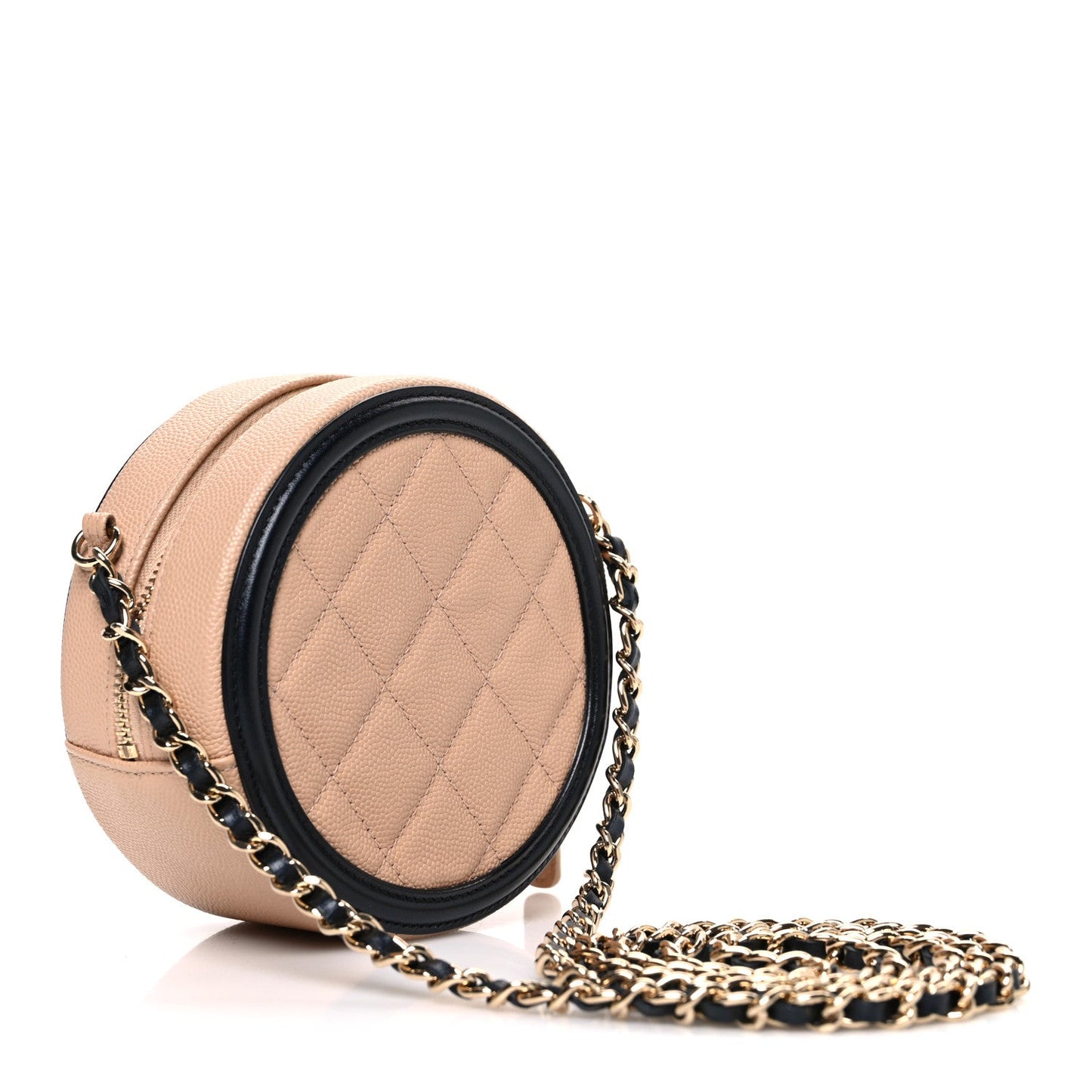 Caviar Quilted Round Filigree Crossbody Beige Black