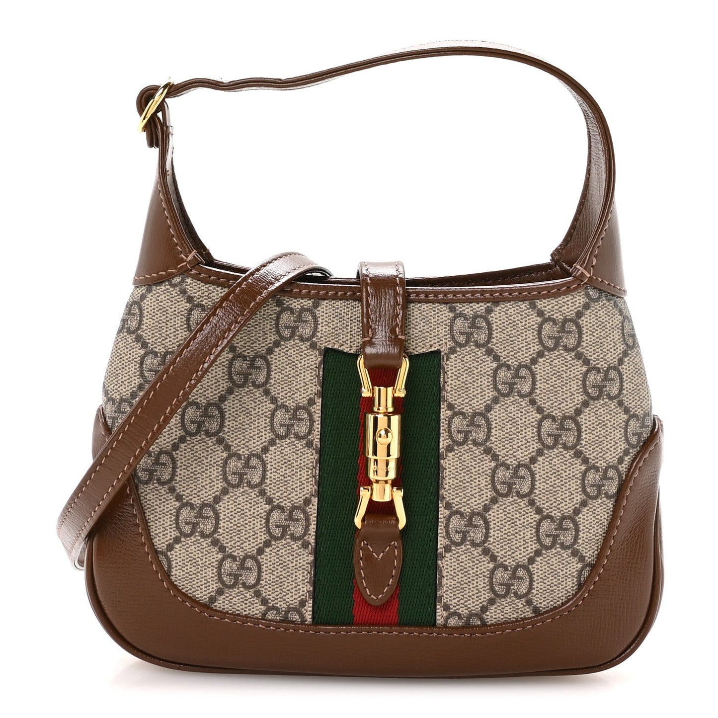 GG Supreme Monogram Azalea Calfskin Web Mini Jackie 1961 Hobo Beige Ebony Brown Sugar