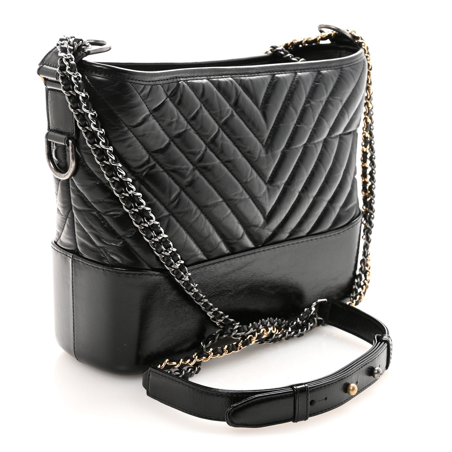 Aged Calfskin Chevron Quilted Medium Gabrielle Hobo Black