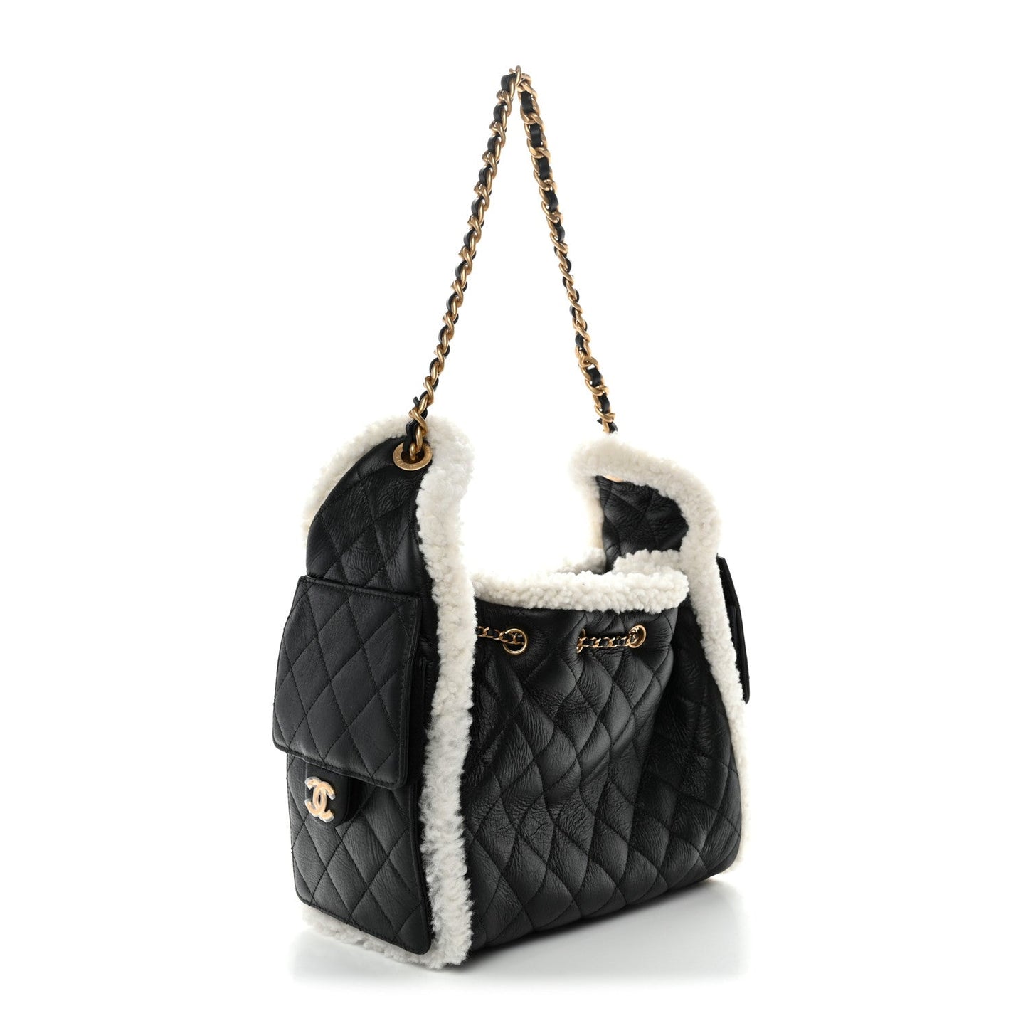 Crumpled Sheepskin Shearling Quilted Small Chanel 25 Handbag Black White