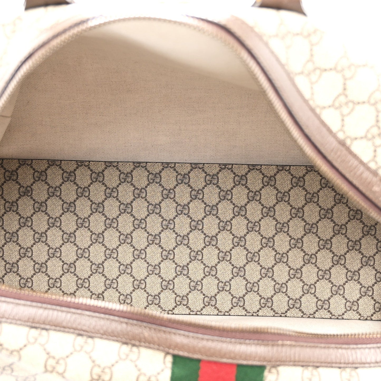 GG Supreme Monogram Textured Dollar Calfskin Web Medium Ophidia Carry-On Duffle Bag Beige Ebony New Acero