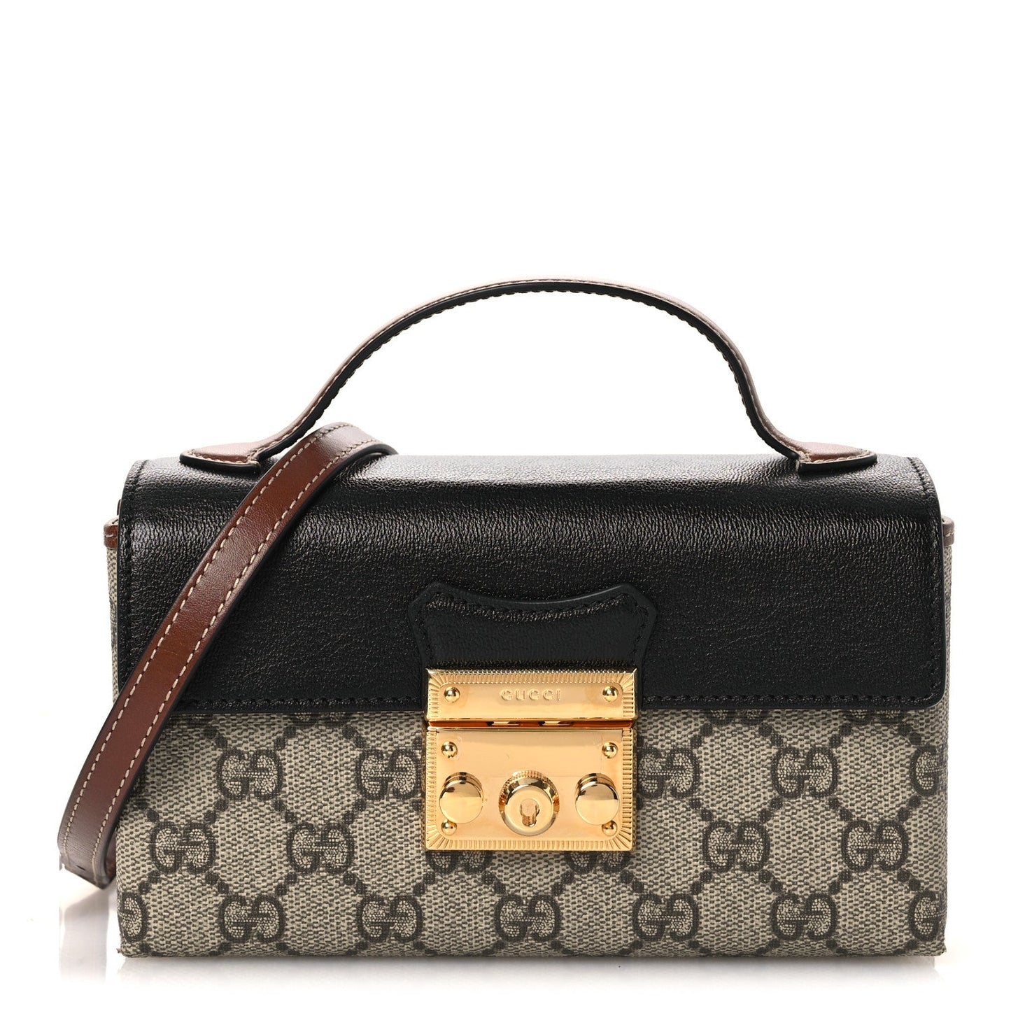 GG Supreme Monogram Calfskin Mini Padlock Top Handle Shoulder Bag Beige Black Cuir