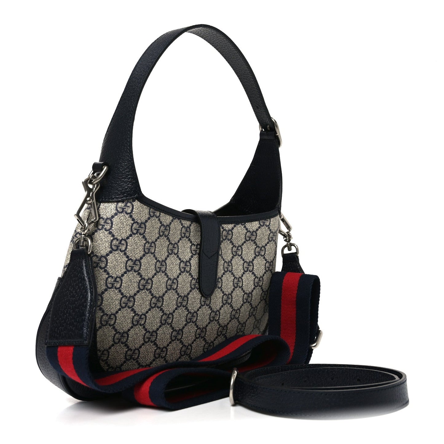 GG Supreme Monogram Textured Dollar Calfskin Web Small Jackie 1961 Hobo Beige Blue