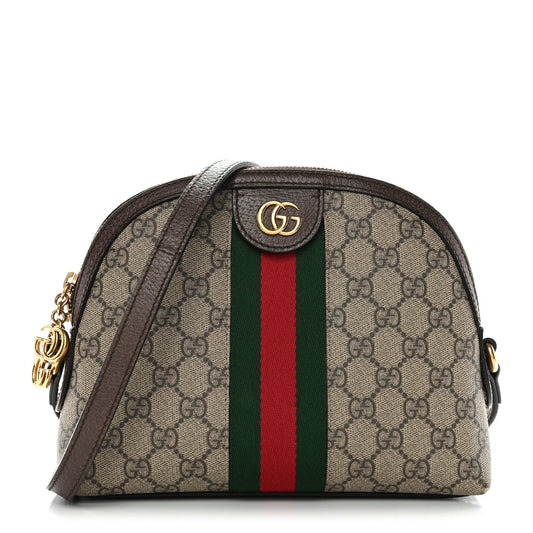 GG Supreme Monogram Textured Dollar Calfskin Web Small Ophidia Dome Shoulder Bag Beige Ebony New Acero