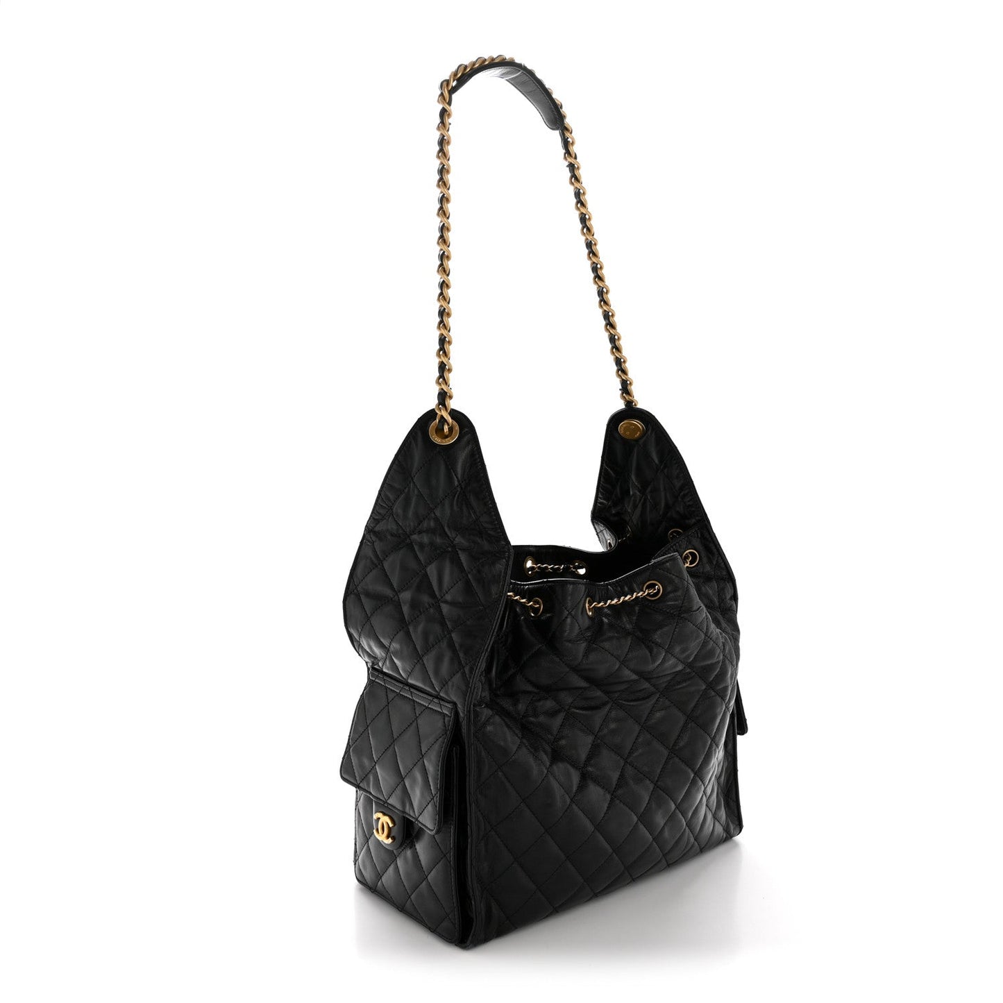 Shiny Crumpled Calfskin Quilted Medium Chanel 25 Handbag Black