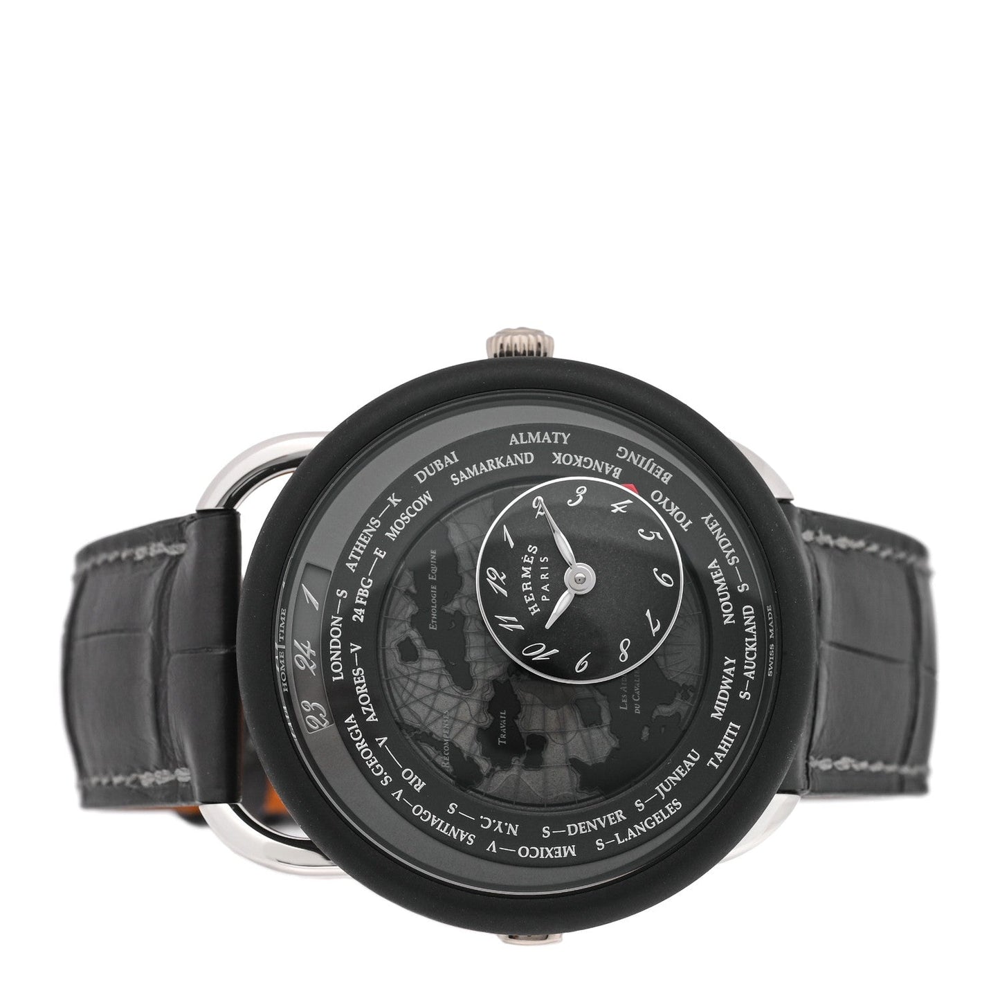 Platinum Titanium Alligator 43mm Arceau Le Temps Voyageur Automatic Watch Noir