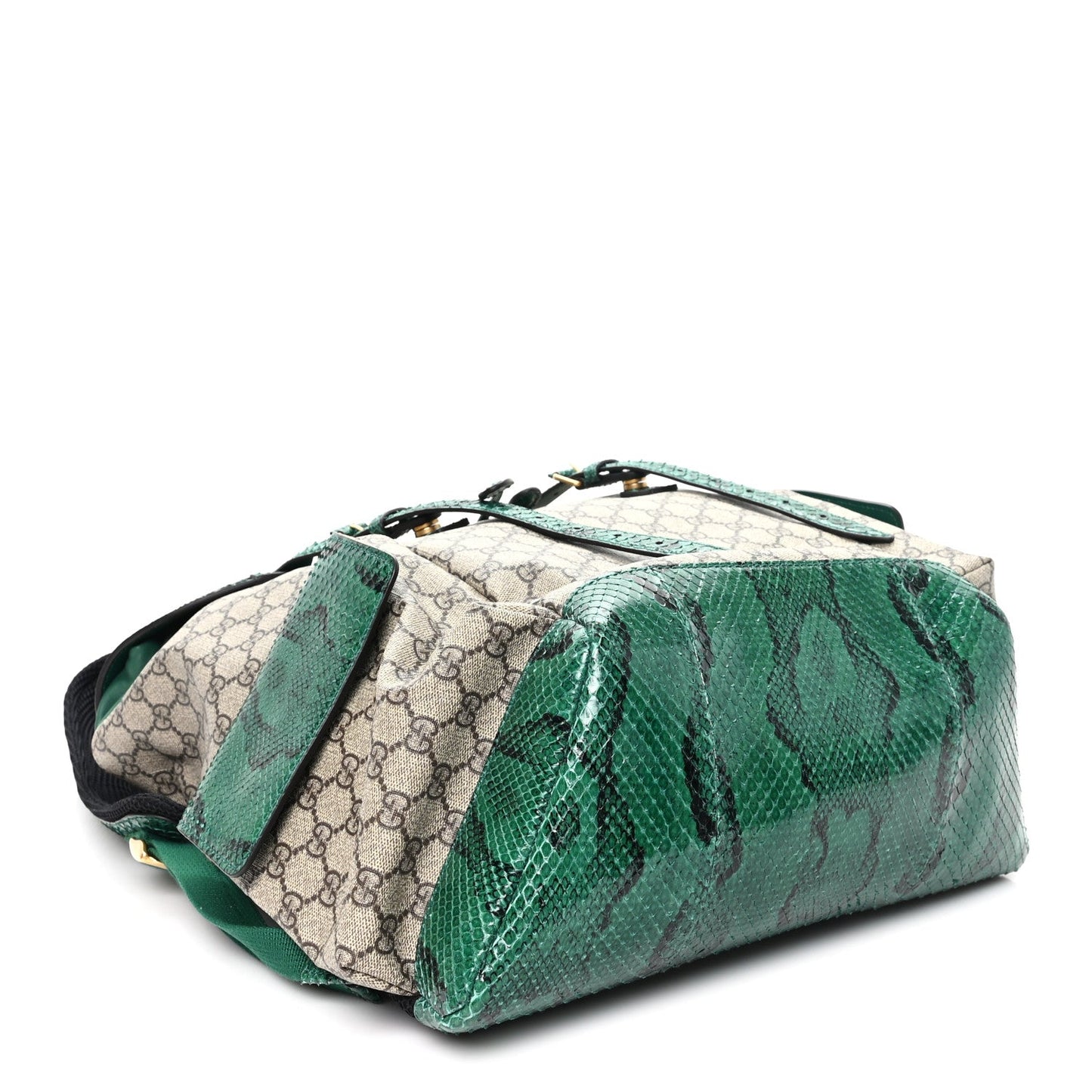 GG Supreme Monogram Snakeskin Ophidia Double Buckle Backpack Brown Green