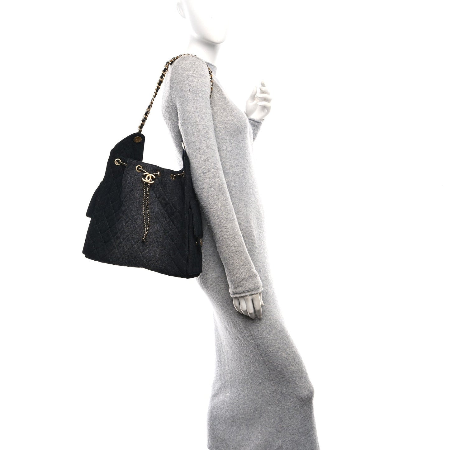 Washed Denim Quilted Medium Chanel 25 Handbag Black