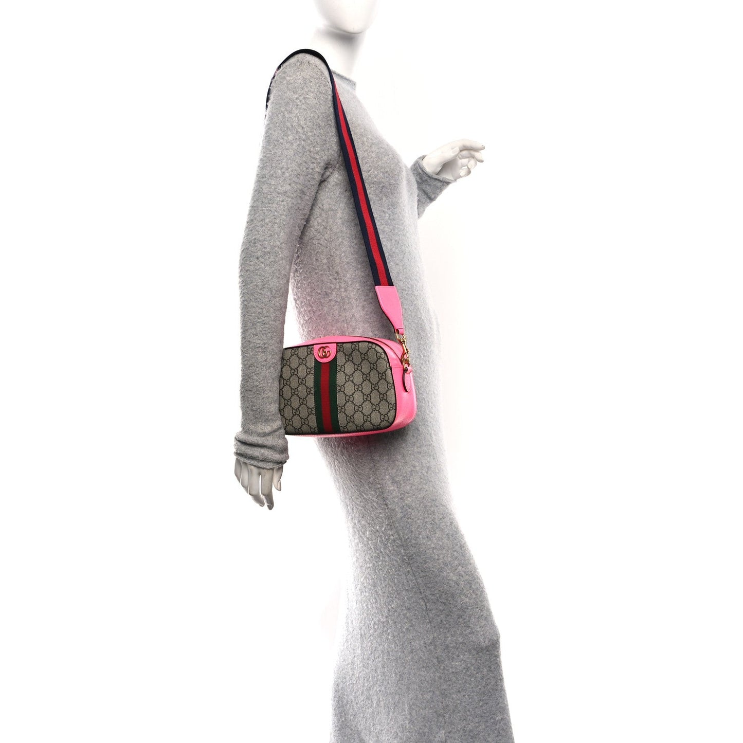 GG Supreme Monogram Textured Dollar Calfskin Web Ophidia Small Crossbody Bag Beige Ebony Fuchsia
