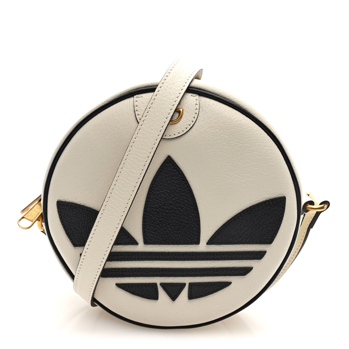 X ADIDAS Textured Dollar Calfskin Web Trefoil Logo Small Ophidia Round Shoulder Bag Off White Black