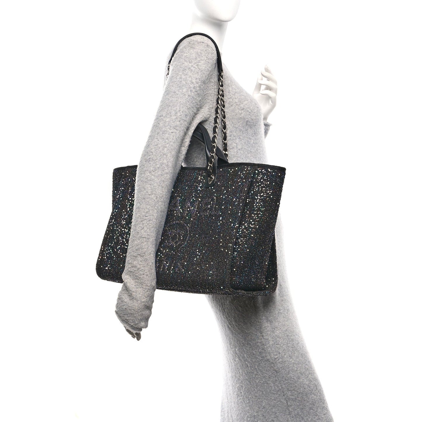 Calfskin Sequin Medium Deauville Tote Black