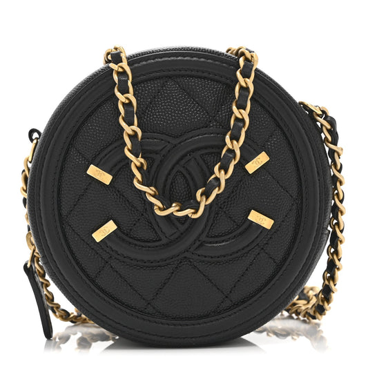 Caviar Quilted Round Filigree Crossbody Black