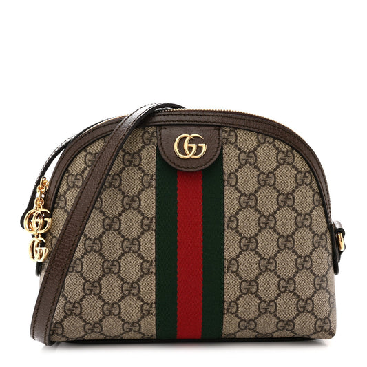 GG Supreme Monogram Textured Dollar Calfskin Web Small Ophidia Dome Shoulder Bag Beige Ebony New Acero