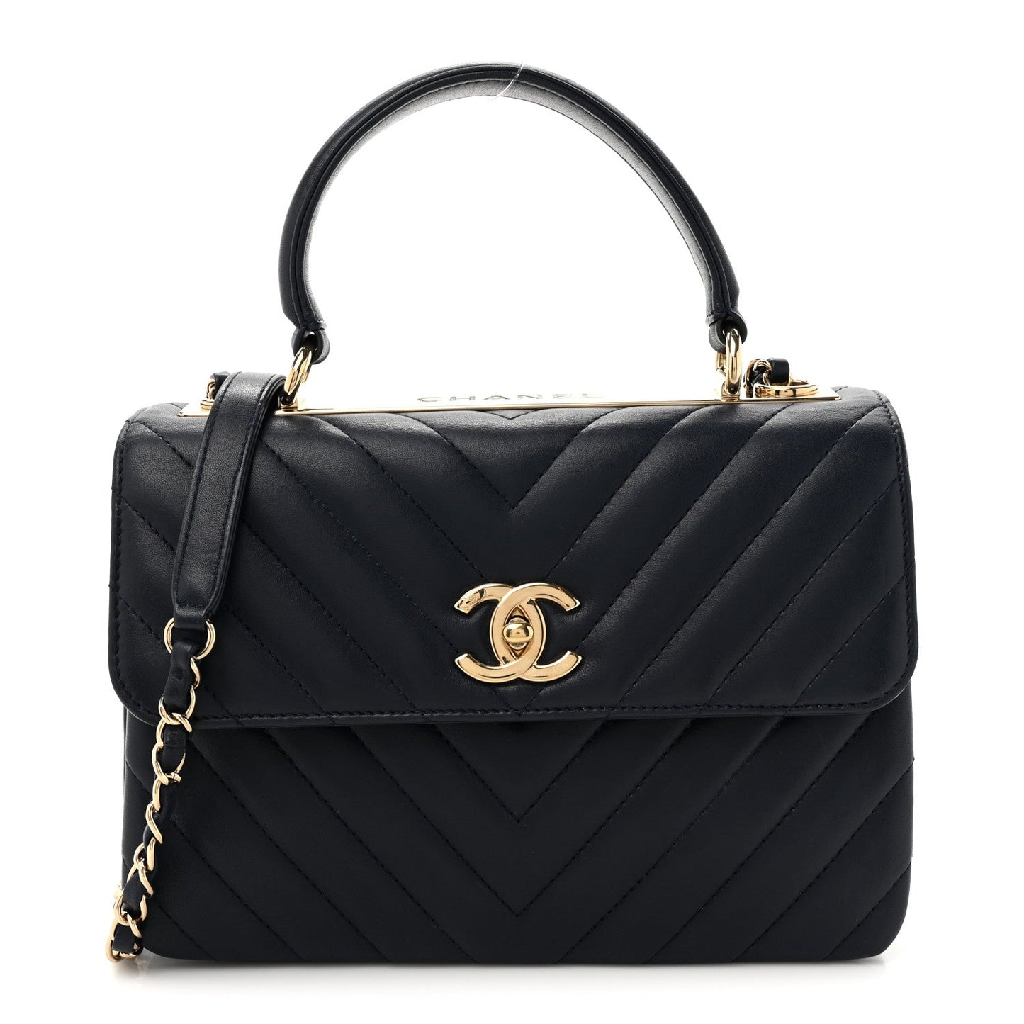 Lambskin Chevron Quilted Small Trendy CC Flap Dual Handle Bag Navy