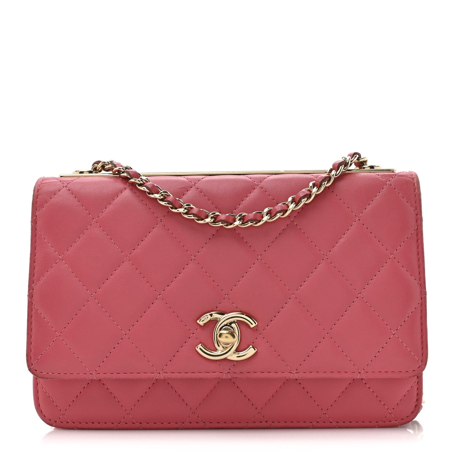 Lambskin Quilted Trendy CC Wallet On Chain WOC Bright Pink