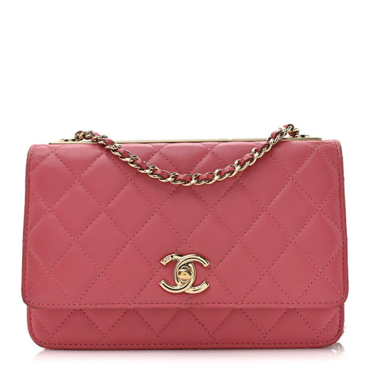 Lambskin Quilted Trendy CC Wallet On Chain WOC Bright Pink