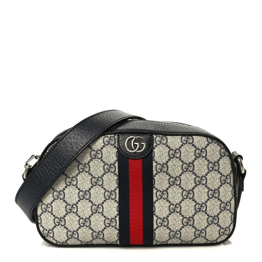 GG Supreme Monogram Textured Dollar Calfskin Web Small Ophidia Camera Bag Beige Blue