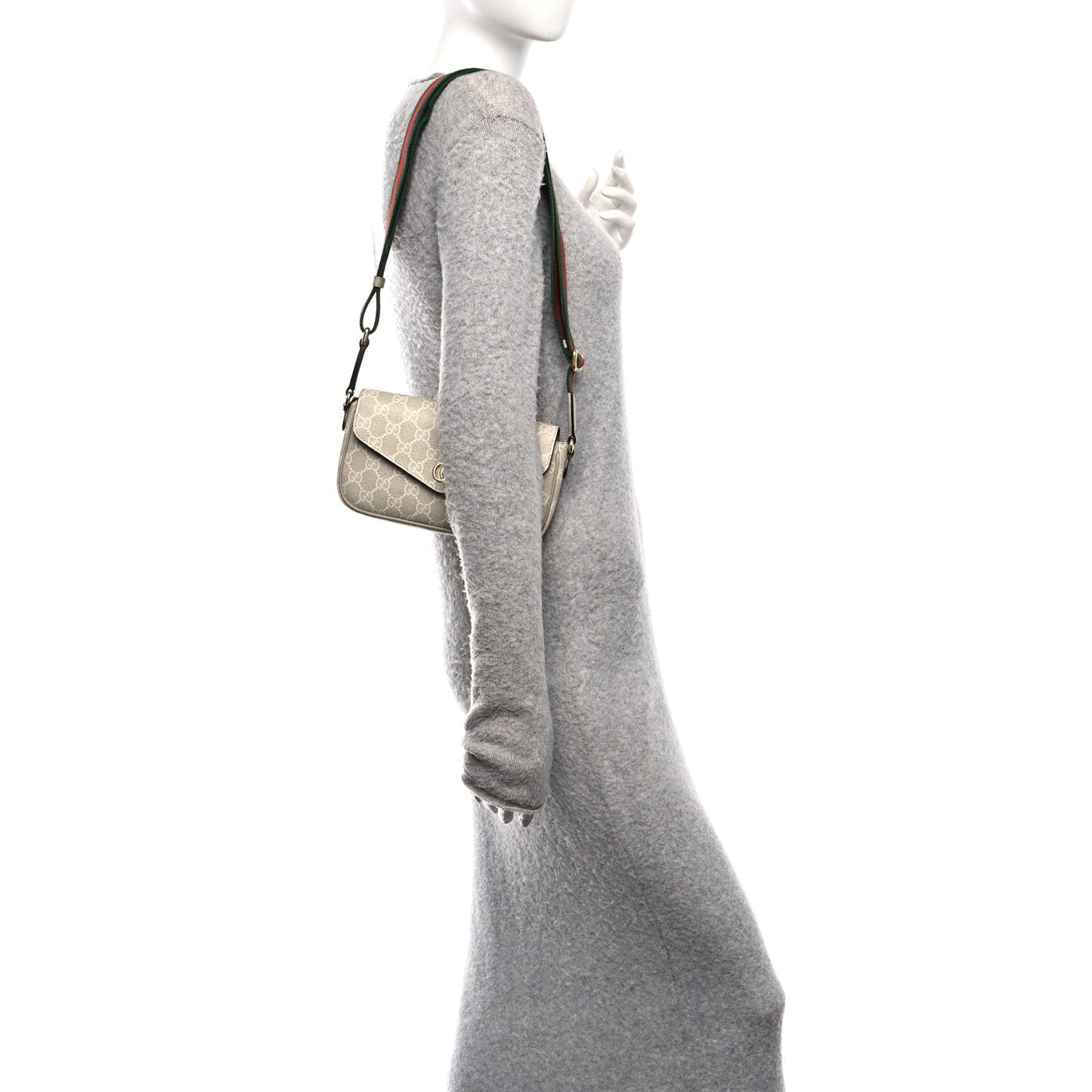 GG Supreme Monogram Textured Dollar Calfskin Web Mini Ophidia Envelope Shoulder Bag Beige Mystic White Oatmeal