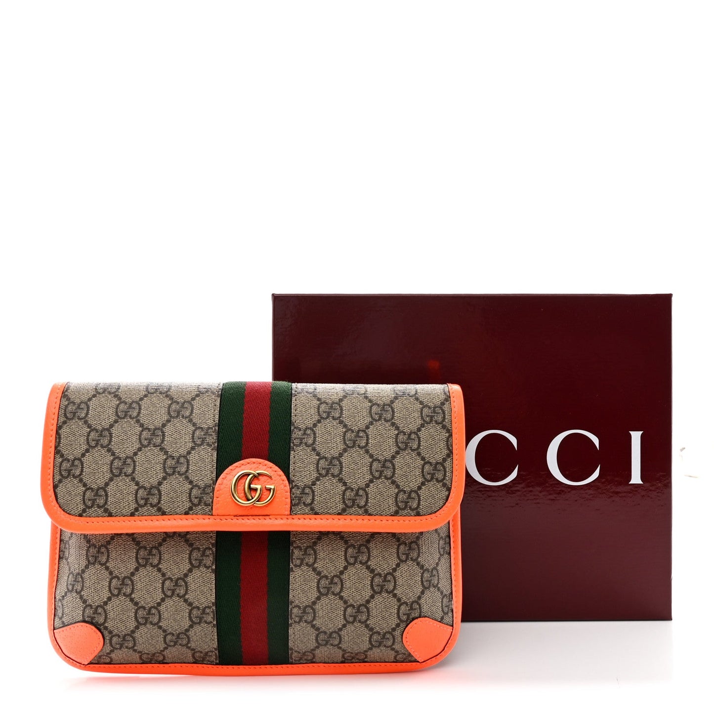 GG Supreme Monogram Web Small Ophidia Belt Bag Beige Ebony Orange Fluo
