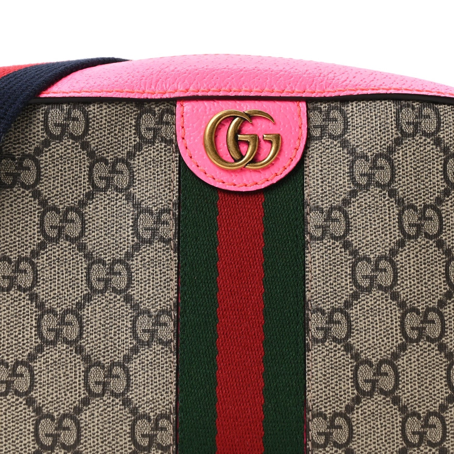 GG Supreme Monogram Textured Dollar Calfskin Web Ophidia Small Crossbody Bag Beige Ebony Fuchsia