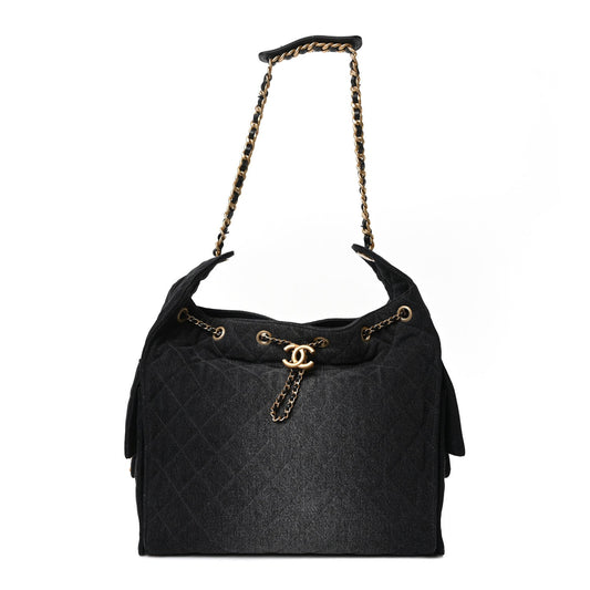 Washed Denim Quilted Medium Chanel 25 Handbag Black
