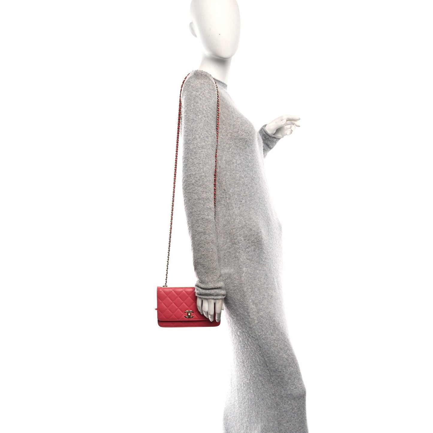 Lambskin Quilted Trendy CC Wallet On Chain WOC Bright Pink