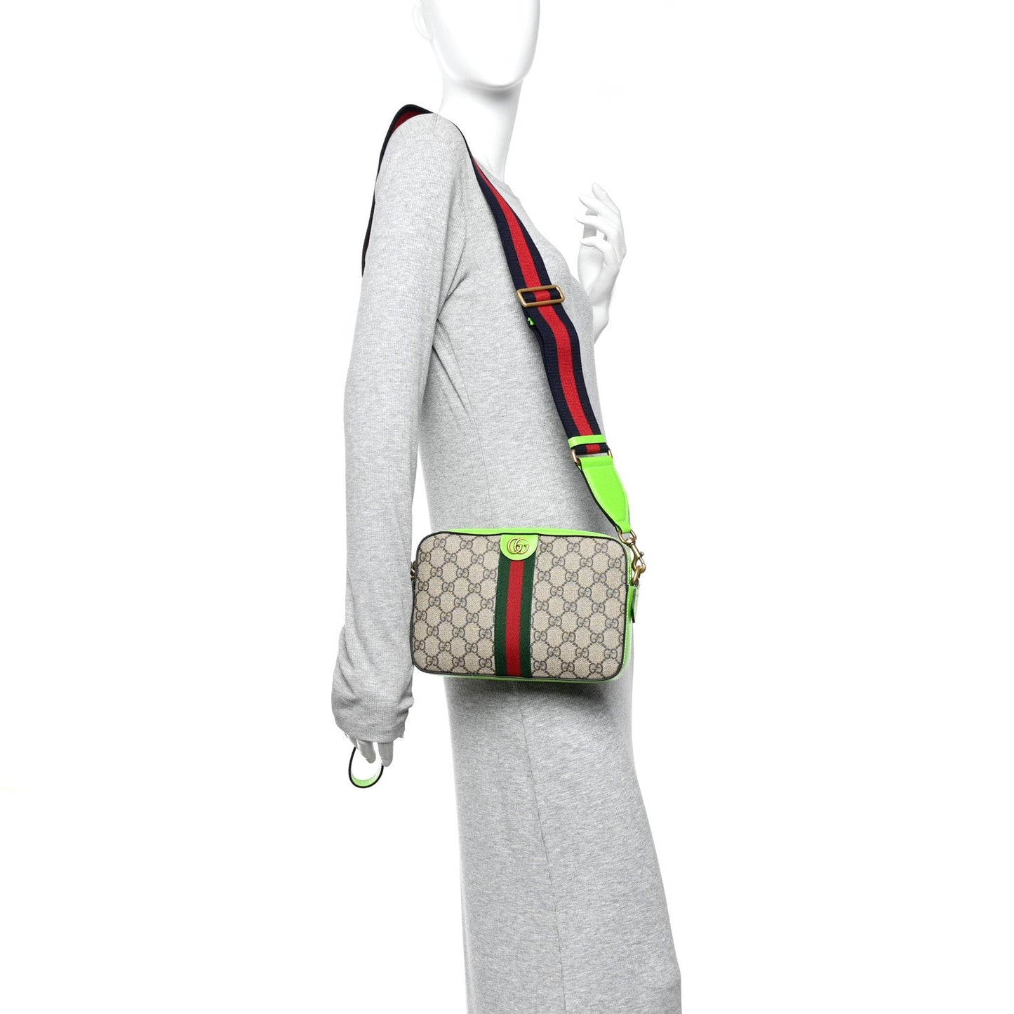 GG Supreme Monogram Textured Dollar Calfskin Web Ophidia Wristlet Shoulder Bag Beige Ebony Green
