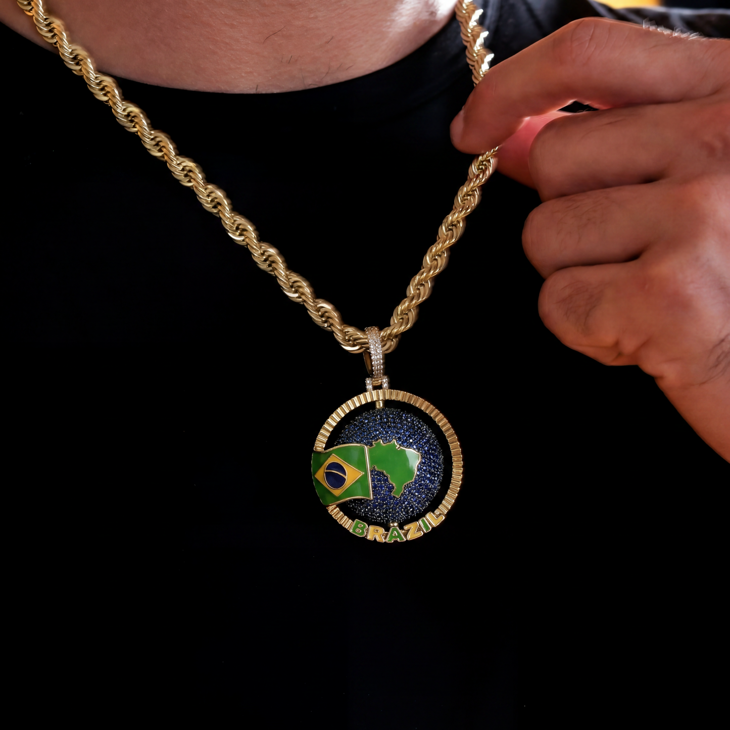 Diamond Brazil Spinning Globe Flag Pendant in Yellow Gold