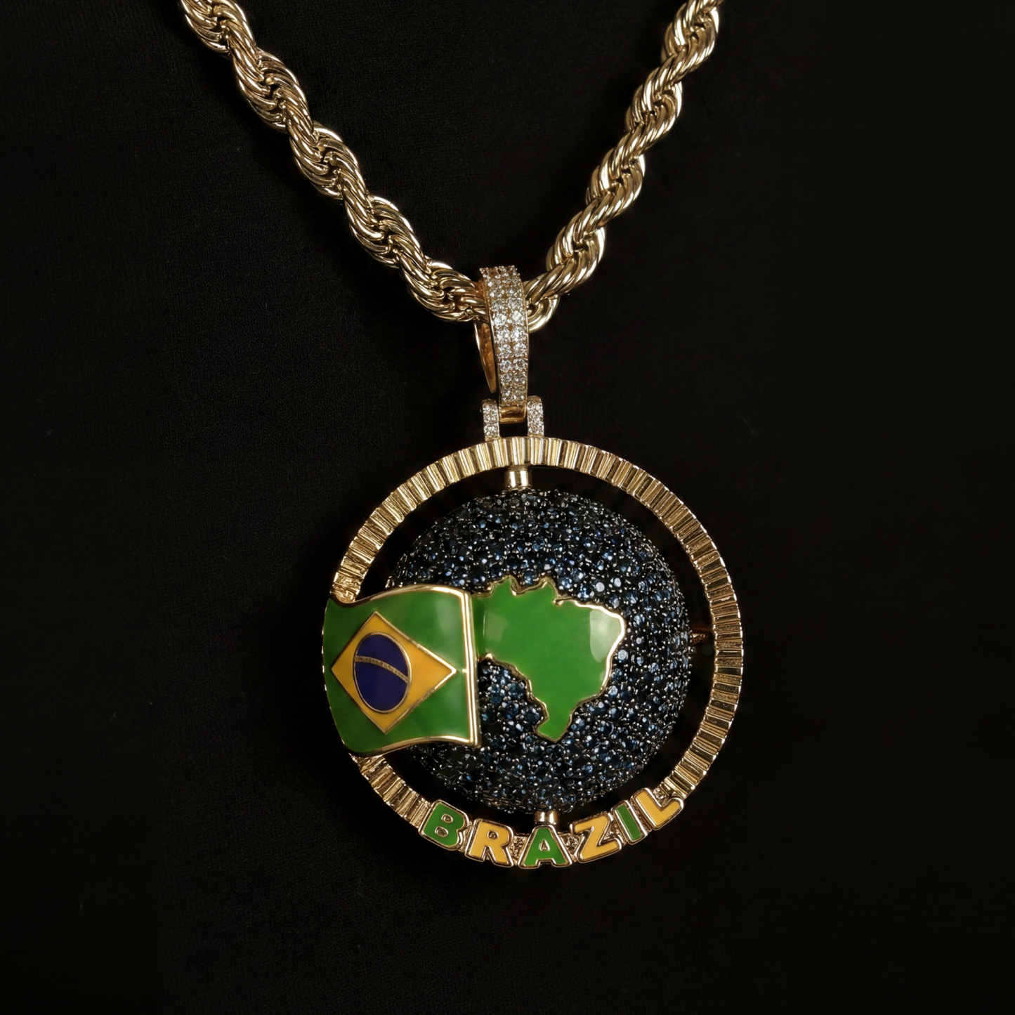 Diamond Brazil Spinning Globe Flag Pendant in Yellow Gold