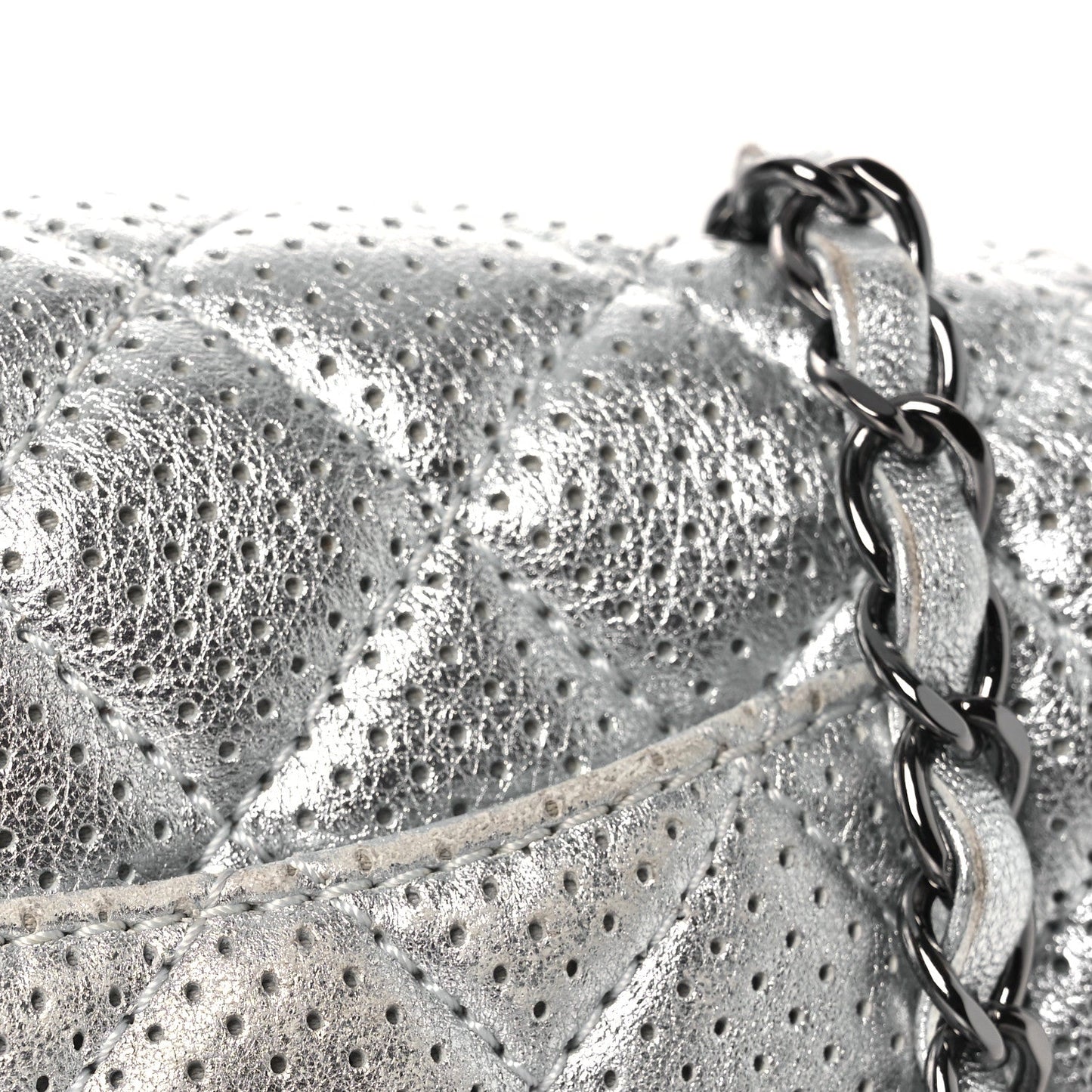 Metallic Lambskin Perforated Mini Rectangular Flap Silver