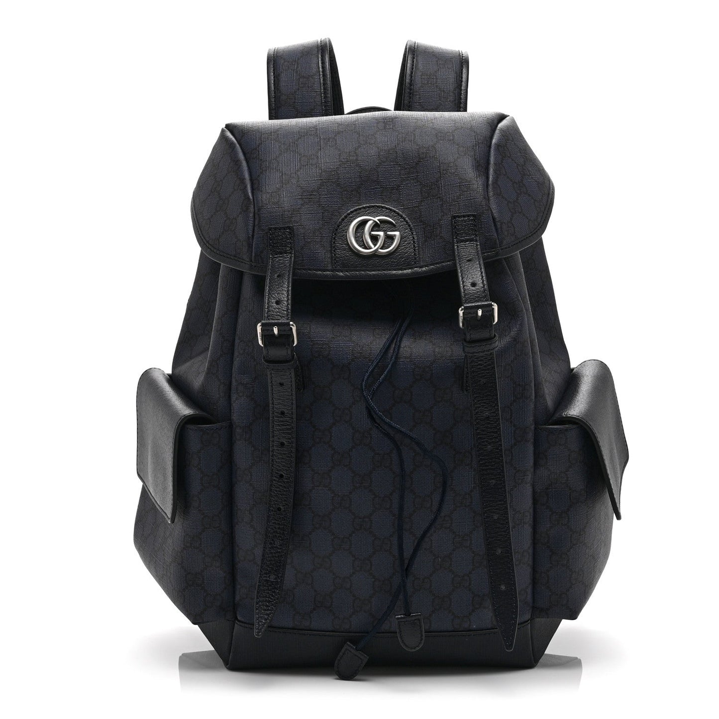 GG Supreme Monogram Textured Dollar Calfskin Medium Ophidia Double Buckle Backpack Blue Dark Blue Black