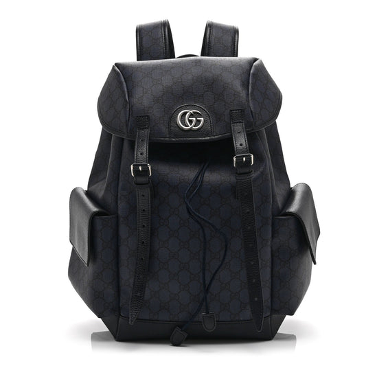 GG Supreme Monogram Textured Dollar Calfskin Medium Ophidia Double Buckle Backpack Blue Dark Blue Black