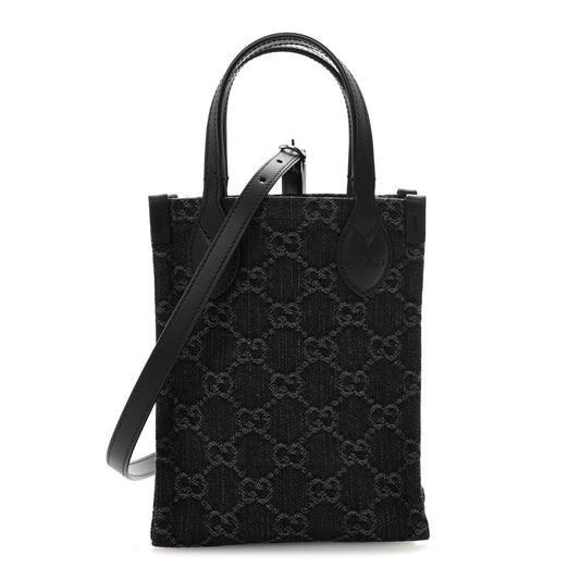 Denim Cuoio Harness GG Monogram Mini Ophidia Tote Bag  Black Medium Grey