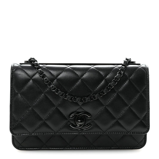 Lambskin Quilted Trendy CC Wallet On Chain WOC So Black