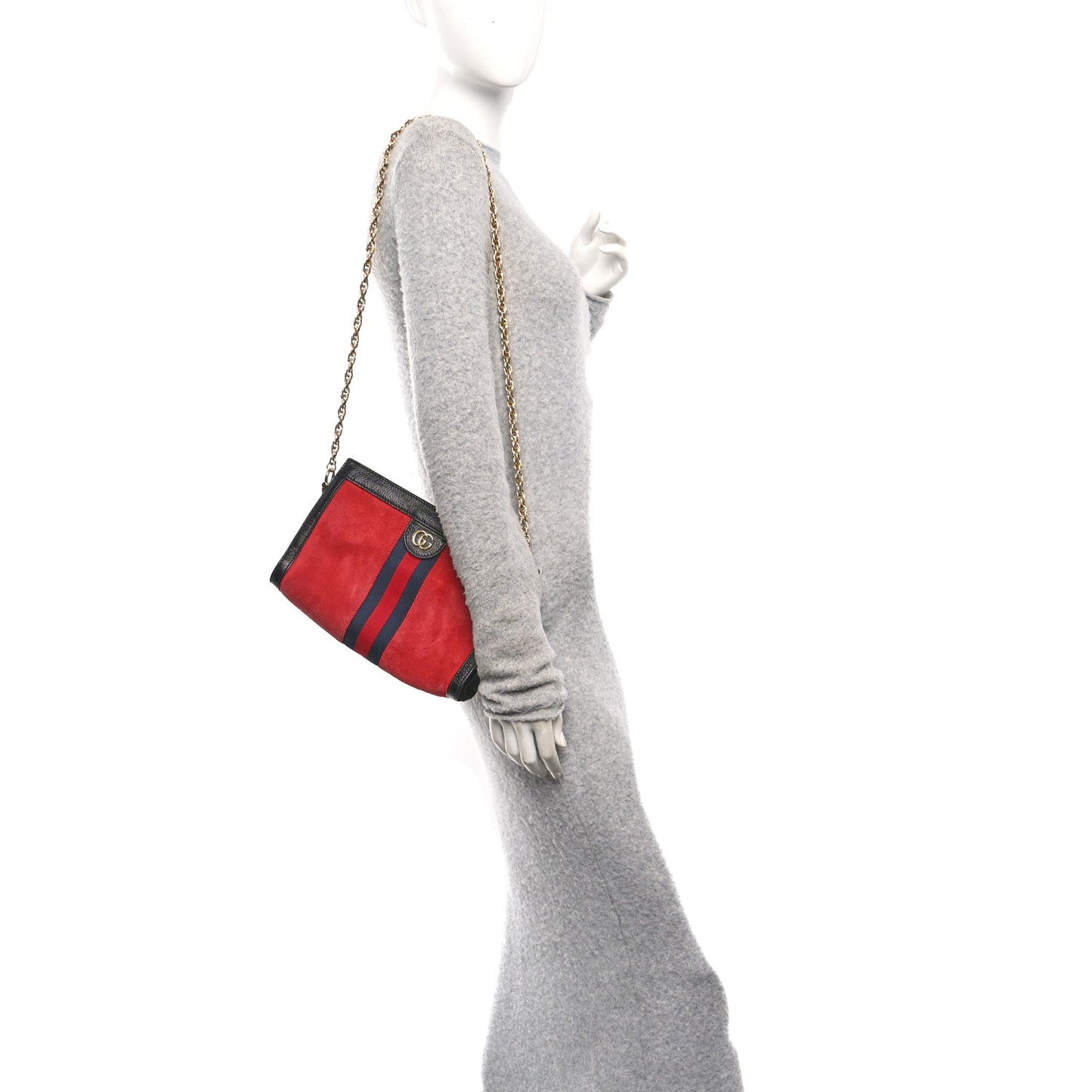 Suede Patent Web Small Ophidia Chain Shoulder Bag Hibiscus Red Black