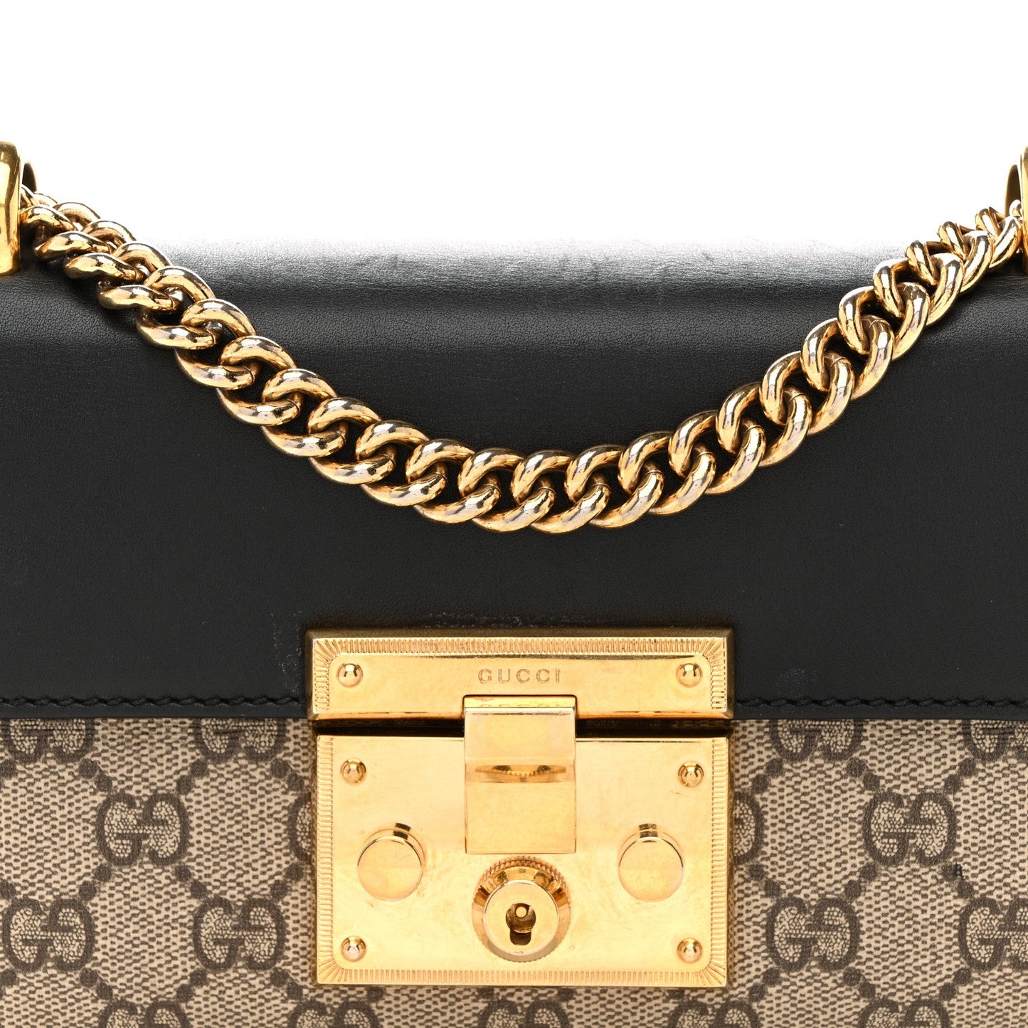 GG Supreme Monogram Calfskin Small Padlock Shoulder Bag Beige Black Cuir