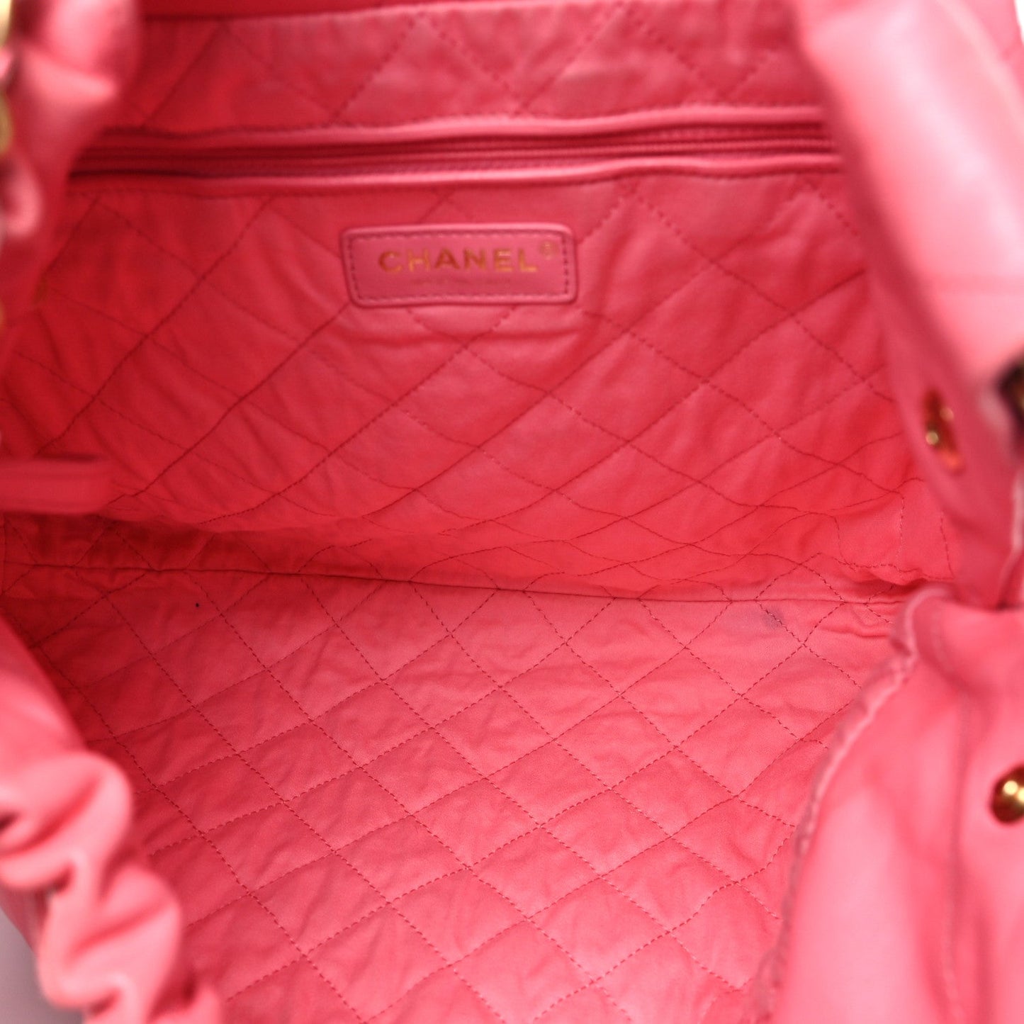Shiny Calfskin Quilted Chanel 22 Drawstring Bag Coral Pink