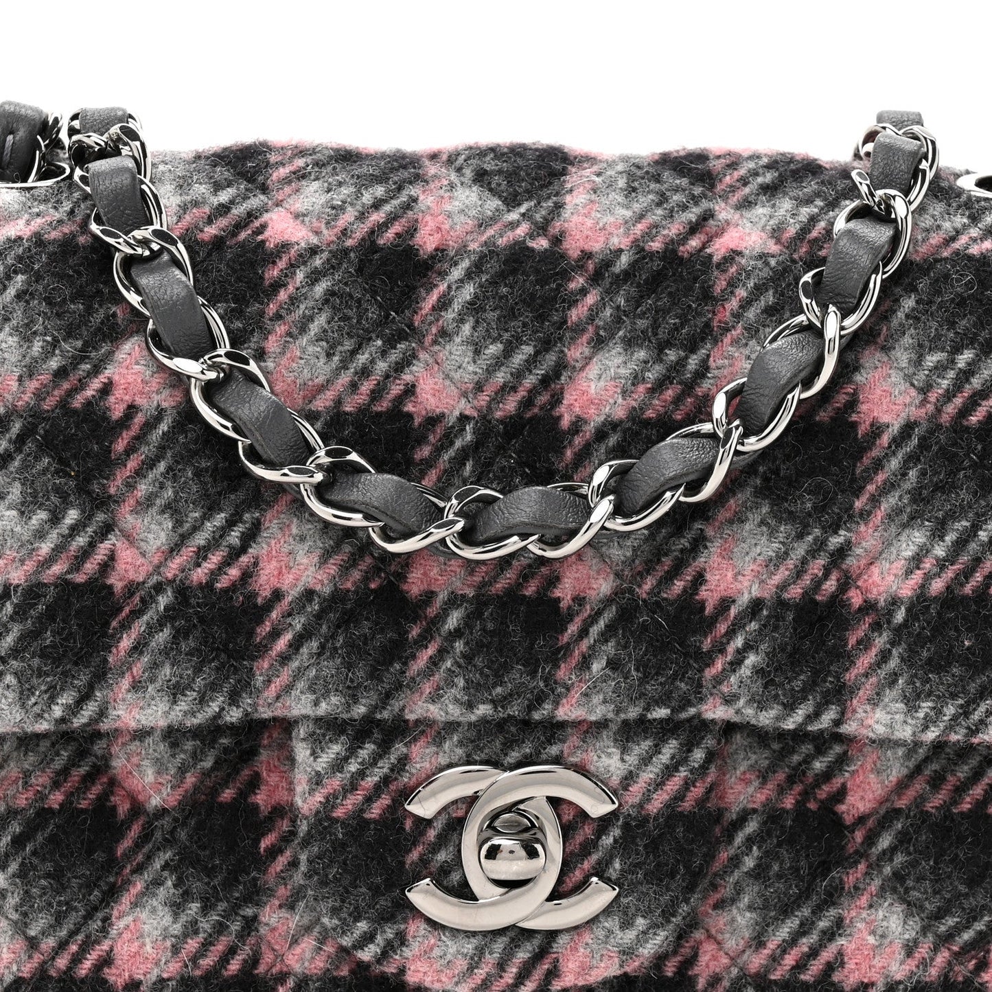 Wool Plaid Quilted Mini Rectangular Flap Pink Grey Multicolor