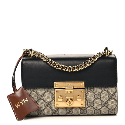 GG Supreme Monogram Calfskin Small Padlock Shoulder Bag Beige Black Cuir