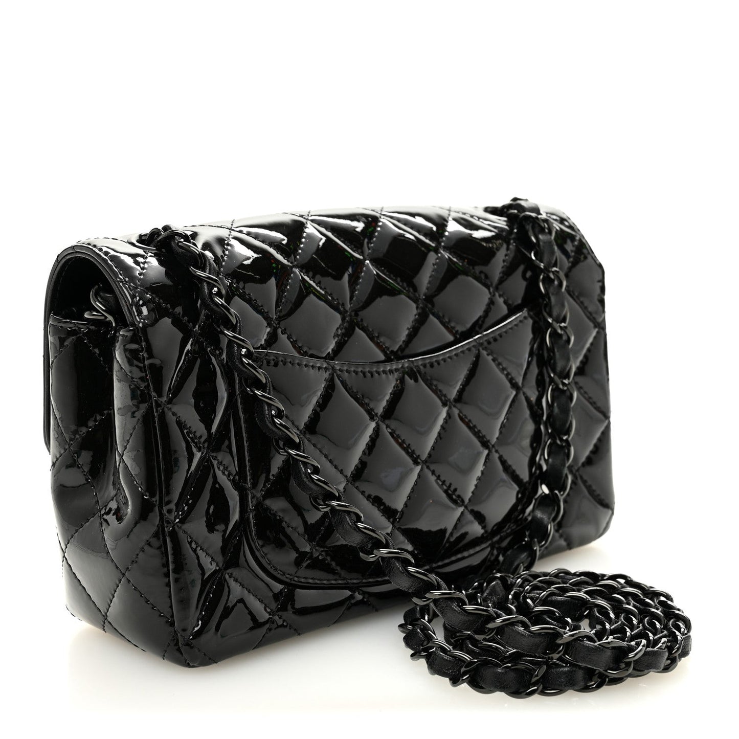 Patent Calfskin Quilted Mini Rectangular Flap So Black